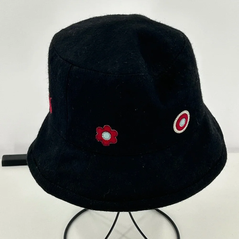 Vintage Black Wool Blend Bucket Hat‎ Embroidered Flower Applique Boho 90s Y2K